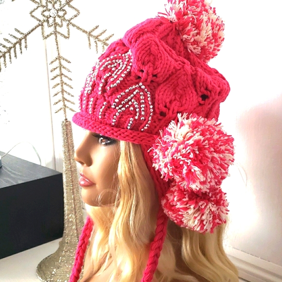Pink And Cream Color Adult Bling Knit Hat - Picture 4 of 9